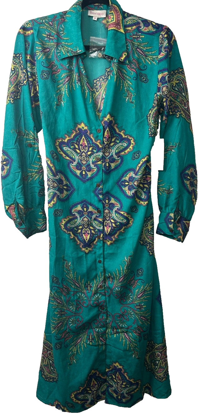 NEW BOEMO M Paisley Green Print Long Sleeve Maxi Dress Women's Tie Button B9